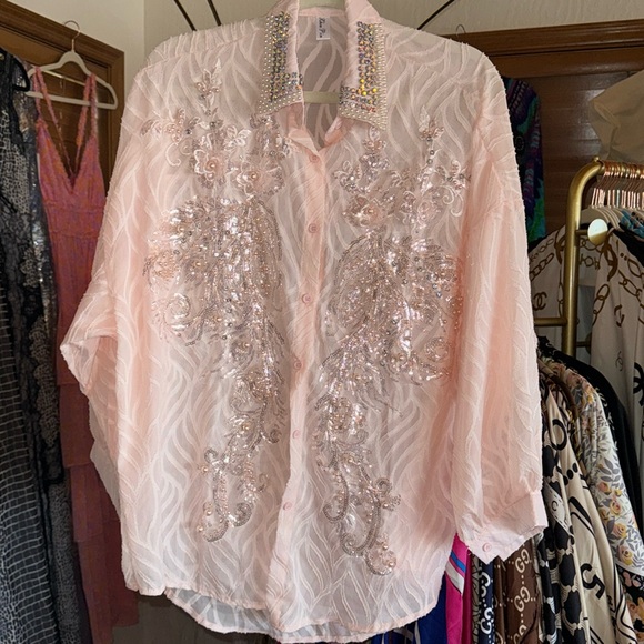 Baby Pink Cotton Soft Button Down Hi Lo Crystal Sequin Adorned Blouse - Picture 1 of 6